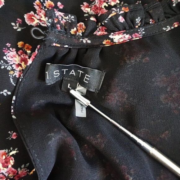 1. STATE Womens Multicolore Floral Top Pouf Sleeve Ruffled Neckline Size L - Picture 9 of 10